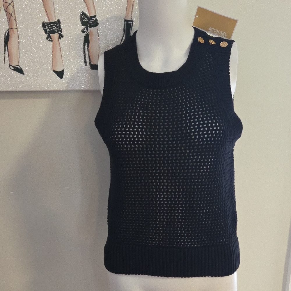 Michael Kors Navy Open-Knit Sleeveless Shell with Gold Shoulder Buttons